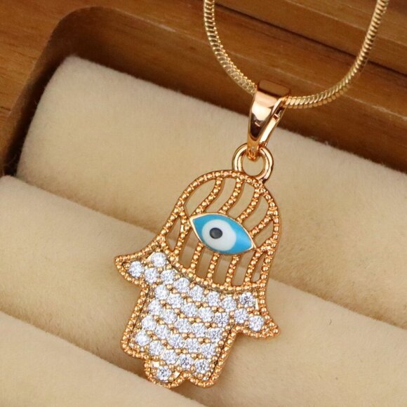 "Rose Gold Hamsa Hand Pendant with Evil Eye and Crystal Accents, XPPT1609 - Picture 1 of 13